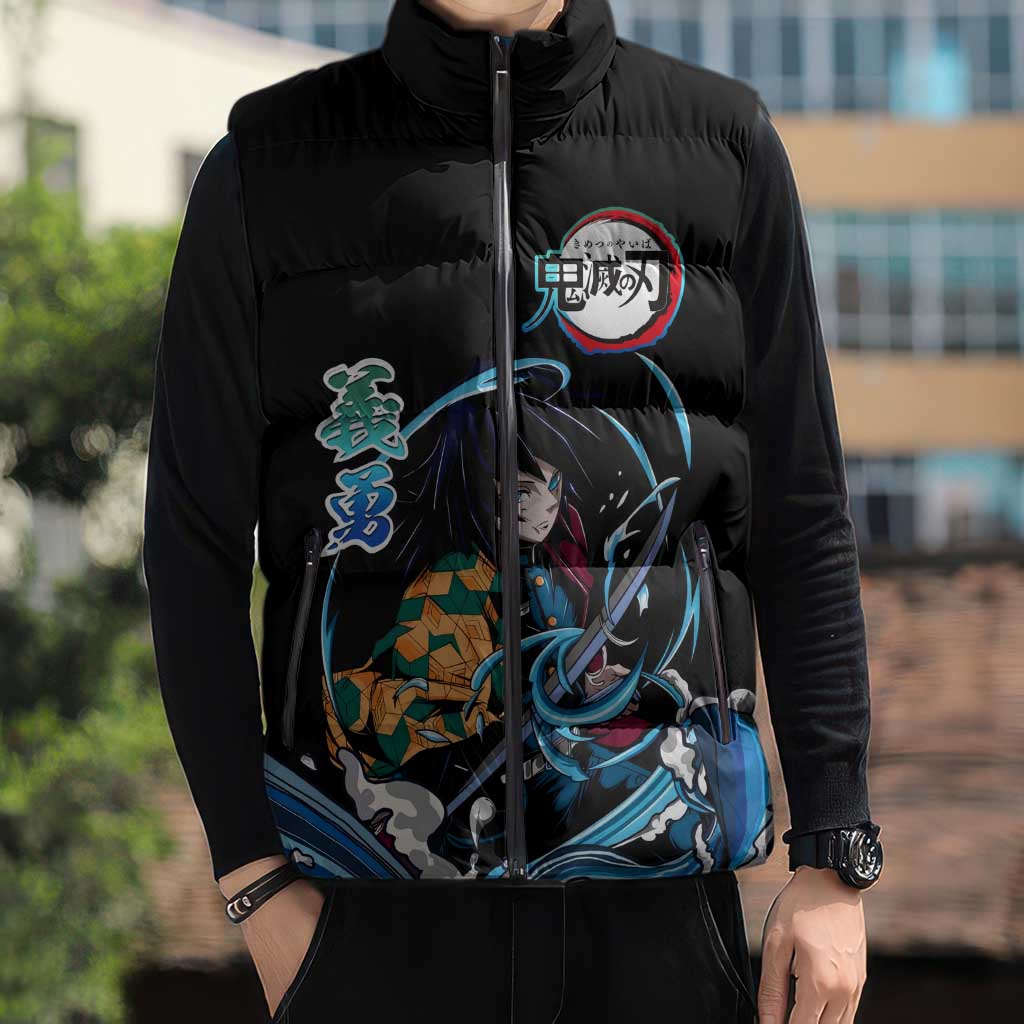 Giyu Tomioka Demon Slayer Sleeveless Puffer Jacket with Green and Orange Cube Water Style Design - The Mazicc