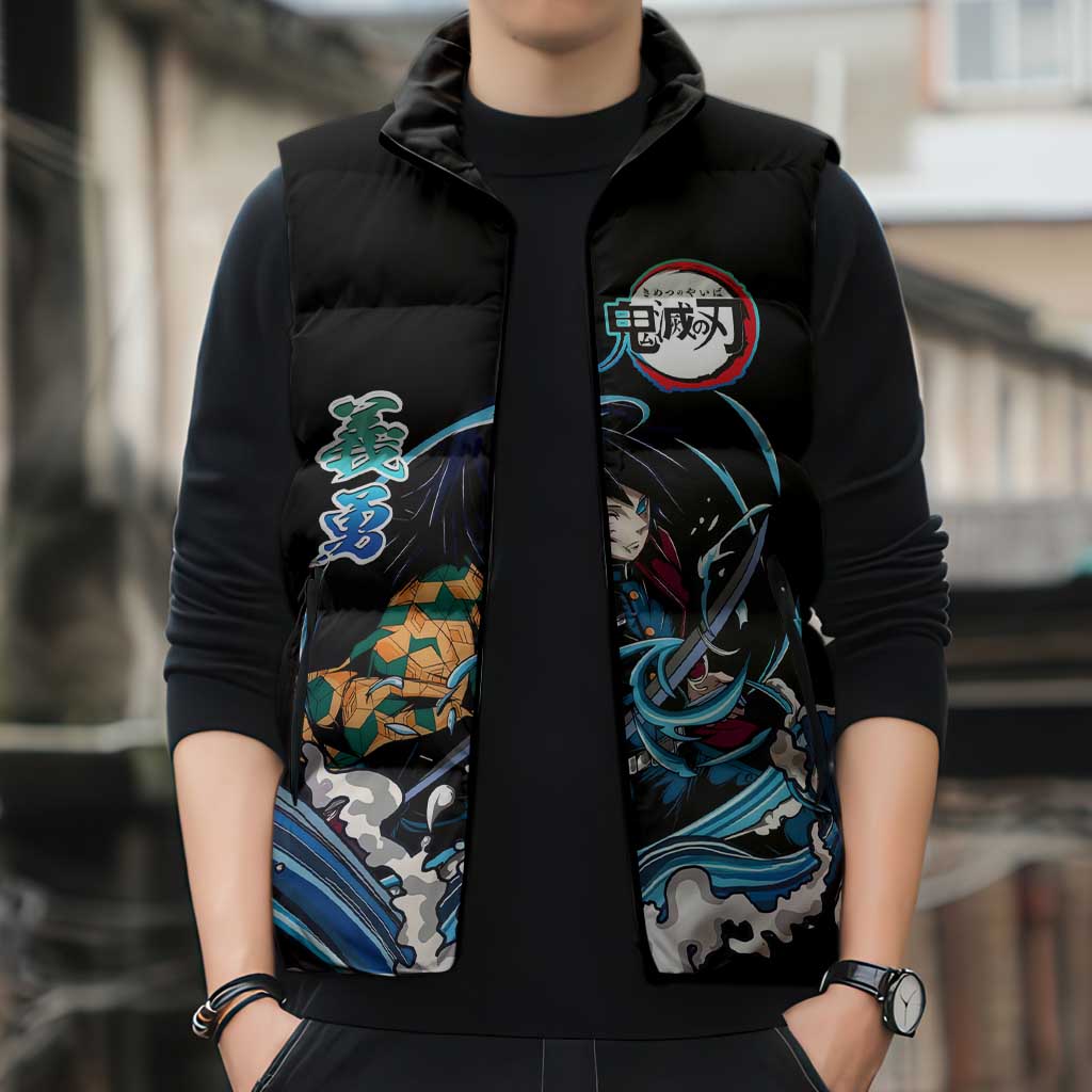 Giyu Tomioka Demon Slayer Sleeveless Puffer Jacket with Green and Orange Cube Water Style Design - The Mazicc