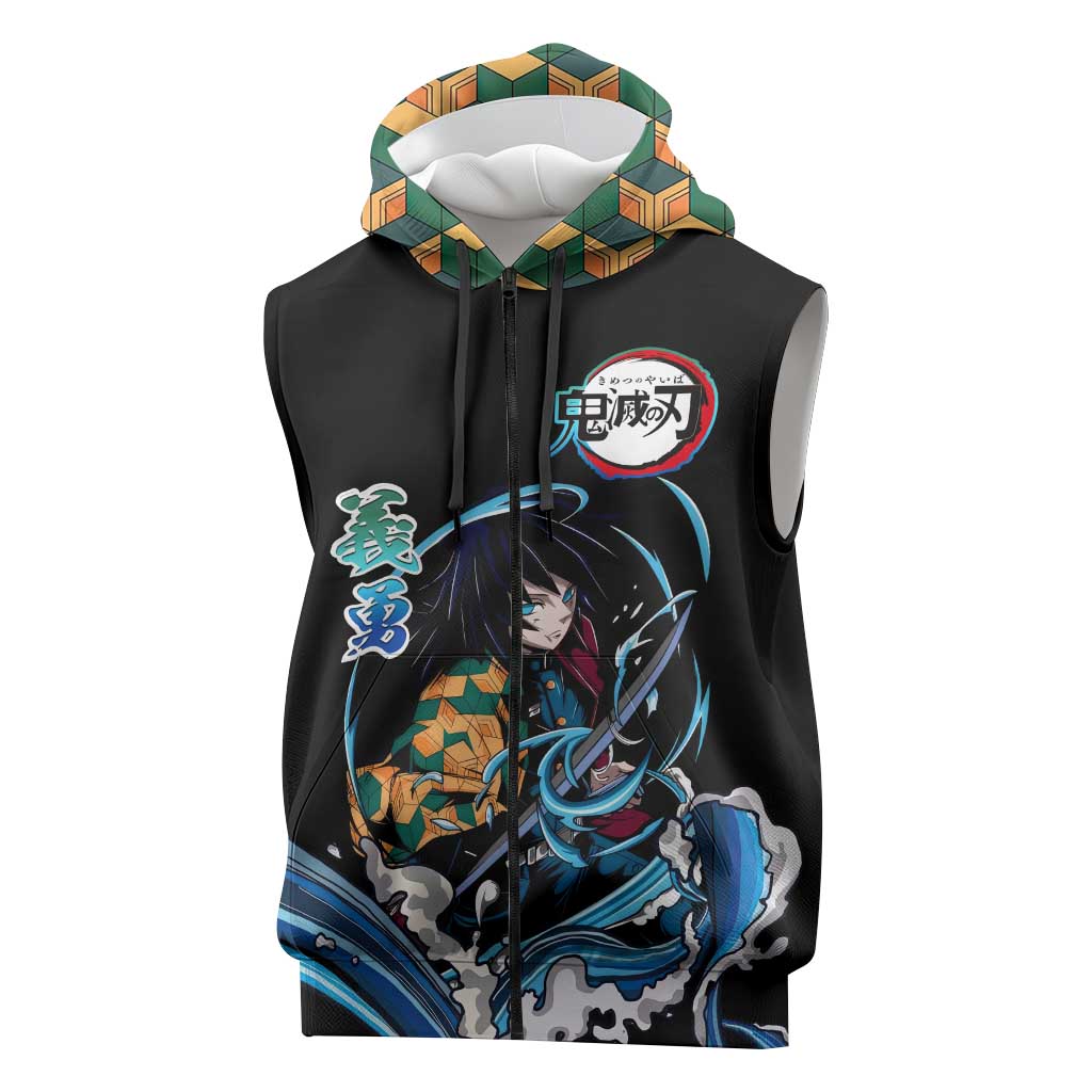 Giyu Tomioka Demon Slayer Sleeveless Zip Hoodie with Green and Orange Cube Water Style Design - The Mazicc