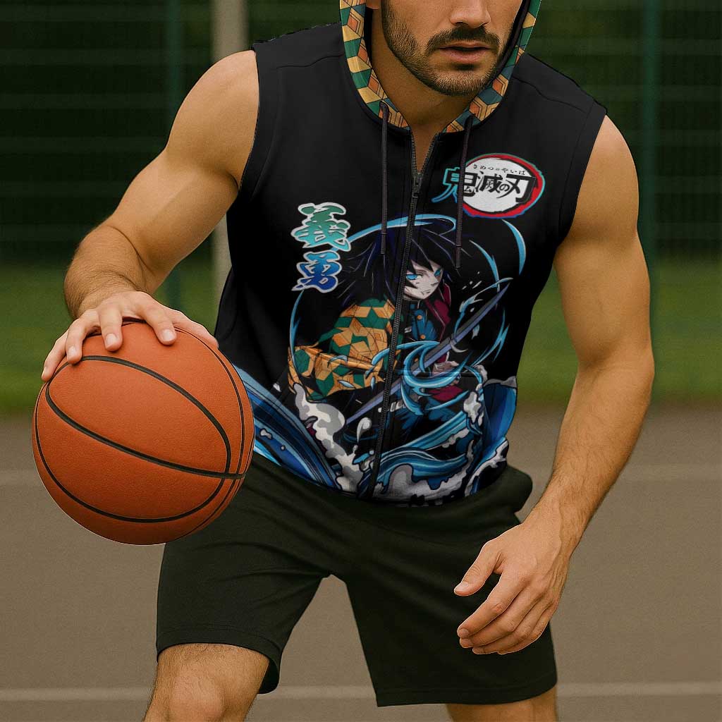 Giyu Tomioka Demon Slayer Sleeveless Zip Hoodie with Green and Orange Cube Water Style Design - The Mazicc