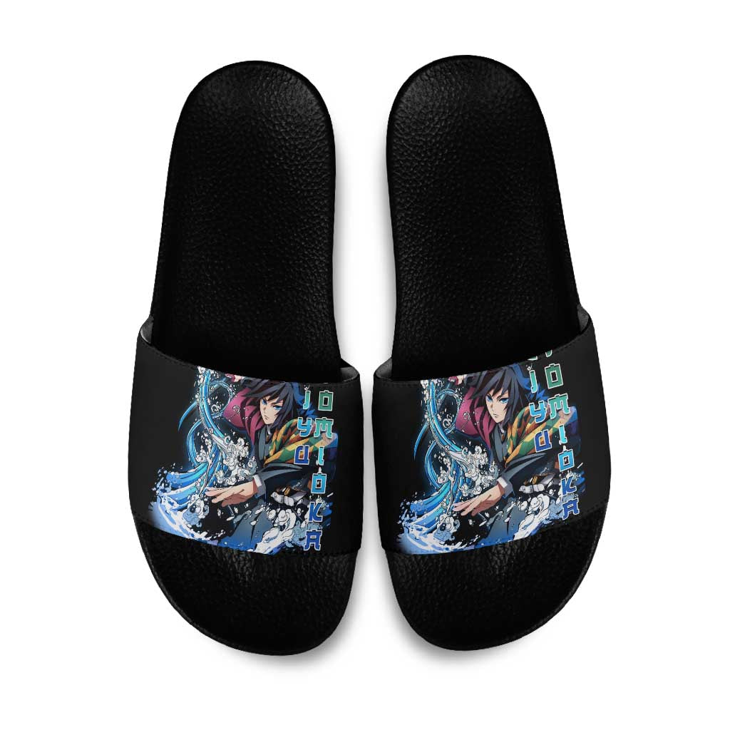 Giyu Tomioka Demon Slayer Slide Sandals with Green and Orange Cube Water Style Design - The Mazicc