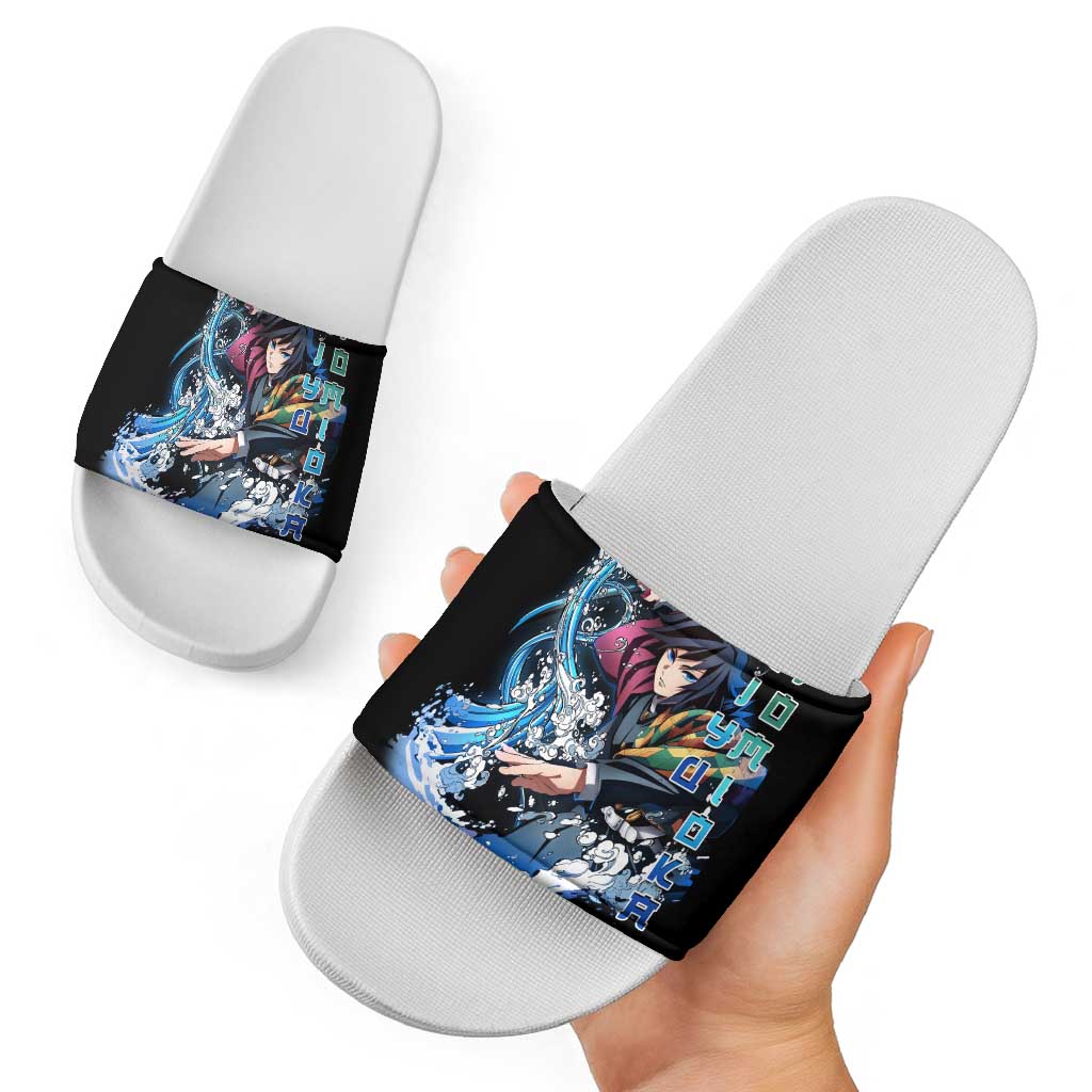 Giyu Tomioka Demon Slayer Slide Sandals with Green and Orange Cube Water Style Design - The Mazicc