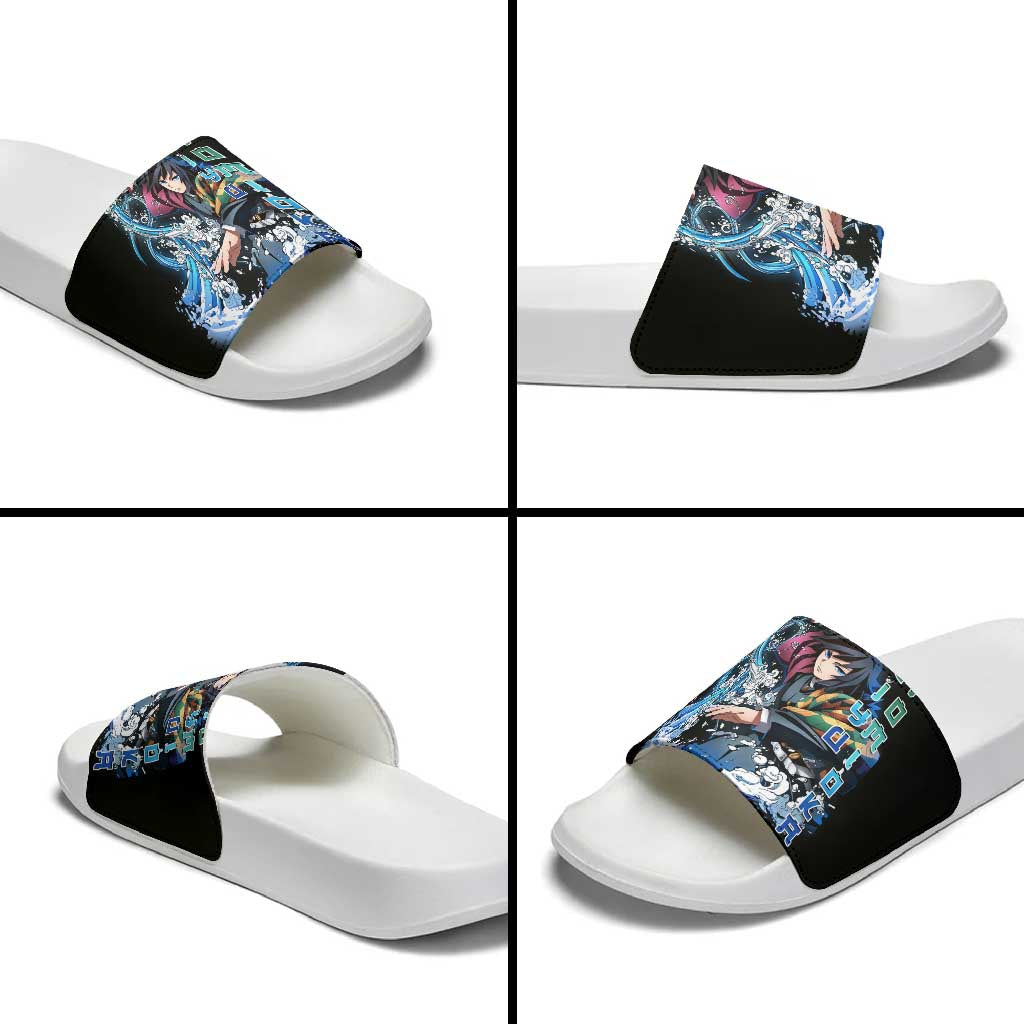 Giyu Tomioka Demon Slayer Slide Sandals with Green and Orange Cube Water Style Design - The Mazicc