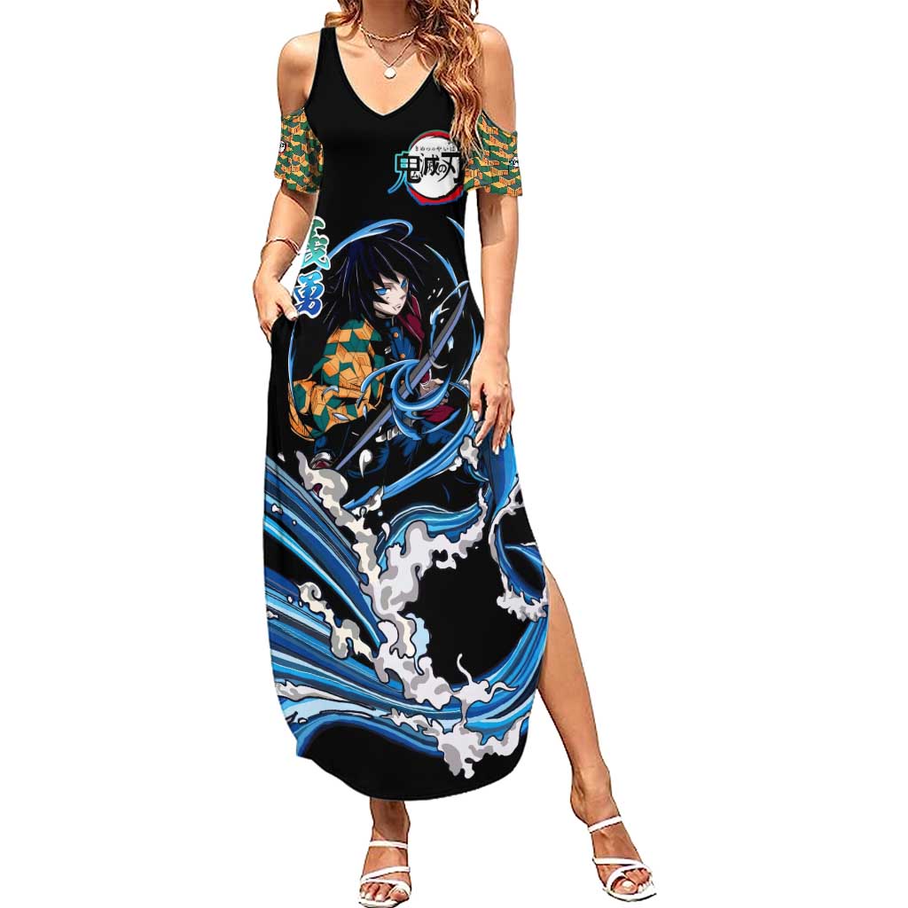 Giyu Tomioka Demon Slayer Summer Maxi Dress with Green and Orange Cube Water Style Design - The Mazicc