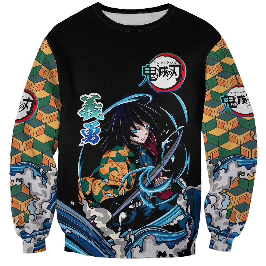 Giyu Tomioka Demon Slayer Sweatshirt with Green and Orange Cube Water Style Design - The Mazicc