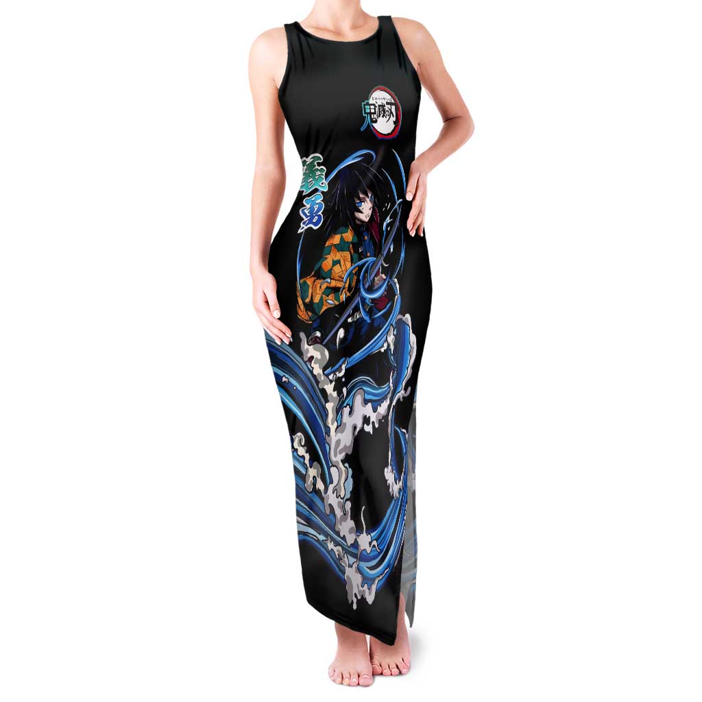 Giyu Tomioka Demon Slayer Tank Maxi Dress with Green and Orange Cube Water Style Design - The Mazicc