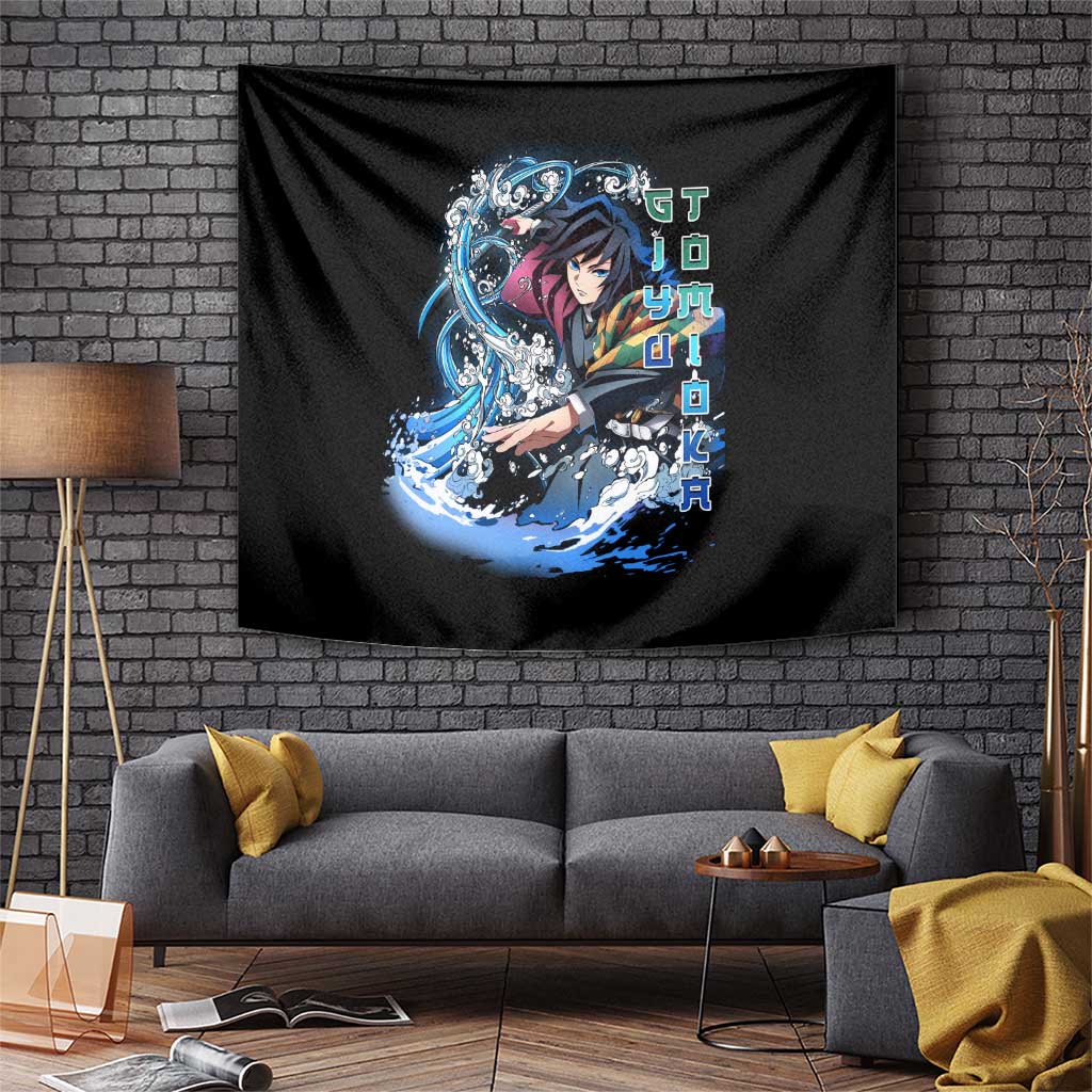 Giyu Tomioka Demon Slayer Tapestry with Green and Orange Cube Water Style Design - The Mazicc