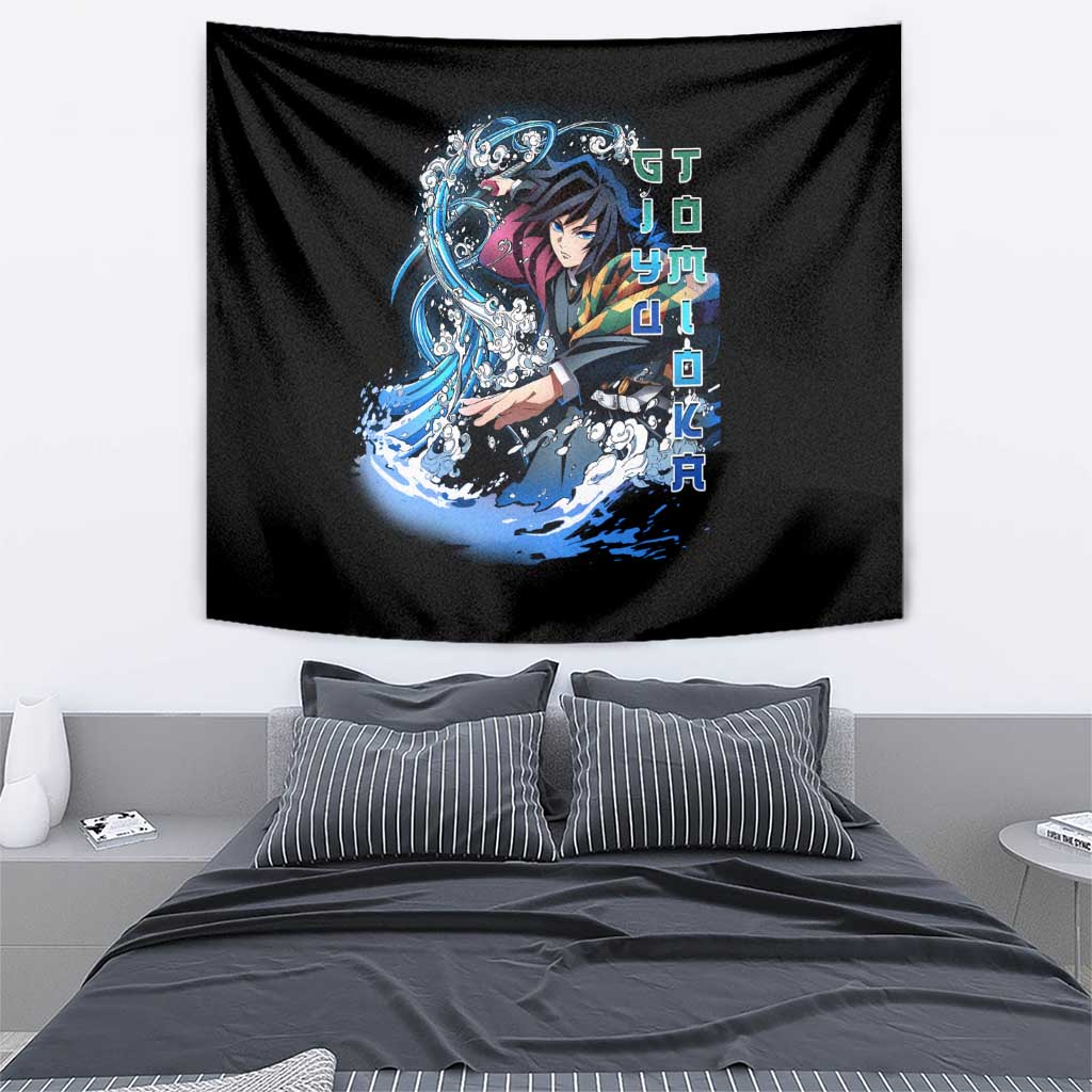 Giyu Tomioka Demon Slayer Tapestry with Green and Orange Cube Water Style Design - The Mazicc