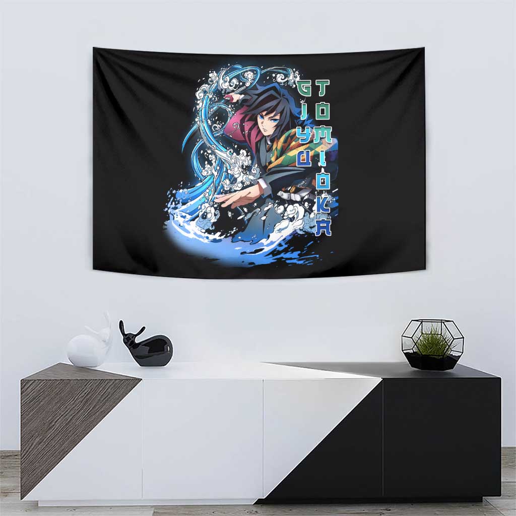 Giyu Tomioka Demon Slayer Tapestry with Green and Orange Cube Water Style Design - The Mazicc