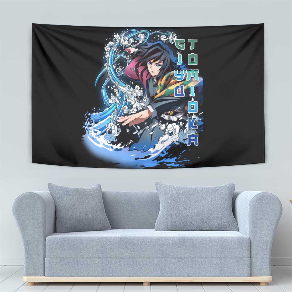 Giyu Tomioka Demon Slayer Tapestry with Green and Orange Cube Water Style Design - The Mazicc