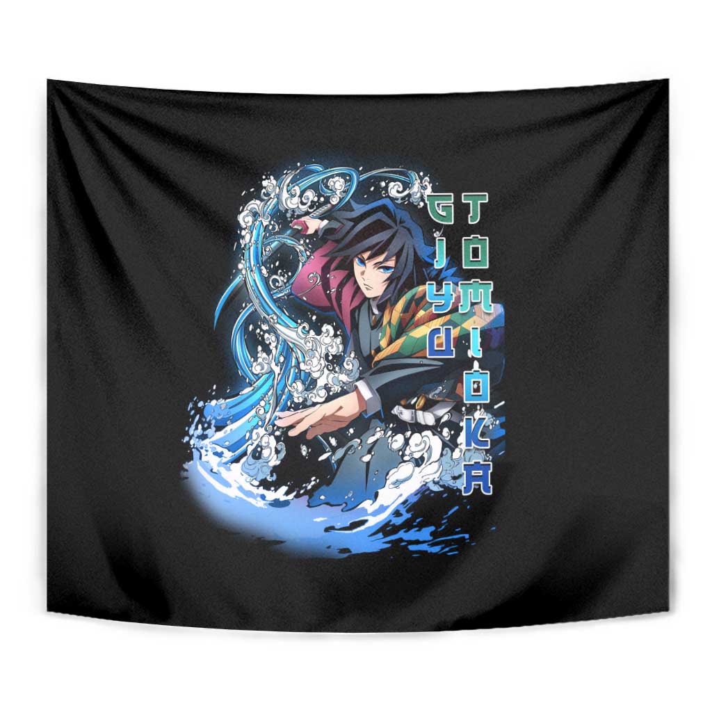 Giyu Tomioka Demon Slayer Tapestry with Green and Orange Cube Water Style Design - The Mazicc