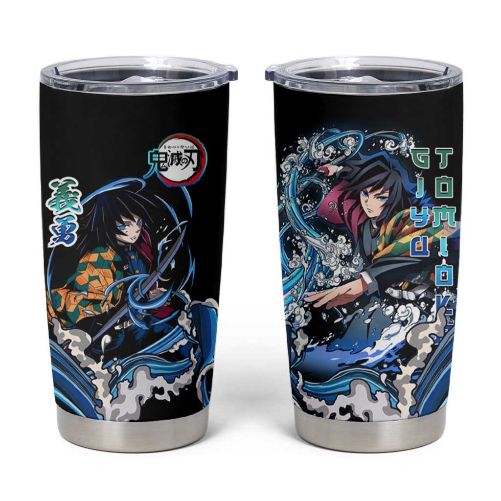 Giyu Tomioka Demon Slayer Tumbler Cup with Green and Orange Cube Water Style Design - The Mazicc