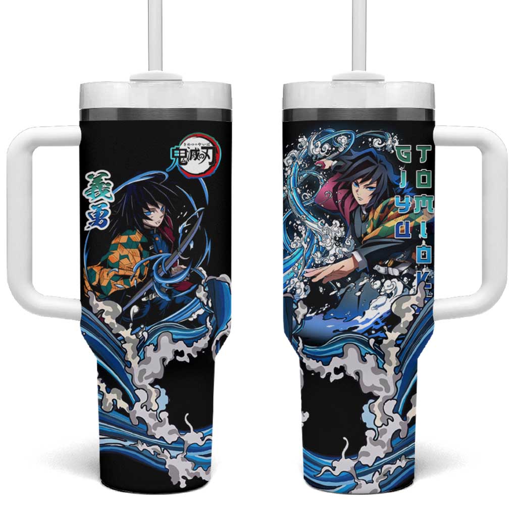 Giyu Tomioka Demon Slayer Tumbler With Handle with Green and Orange Cube Water Style Design - The Mazicc