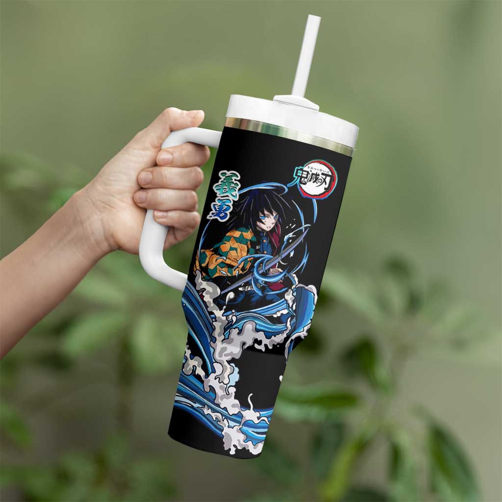 Giyu Tomioka Demon Slayer Tumbler With Handle with Green and Orange Cube Water Style Design - The Mazicc