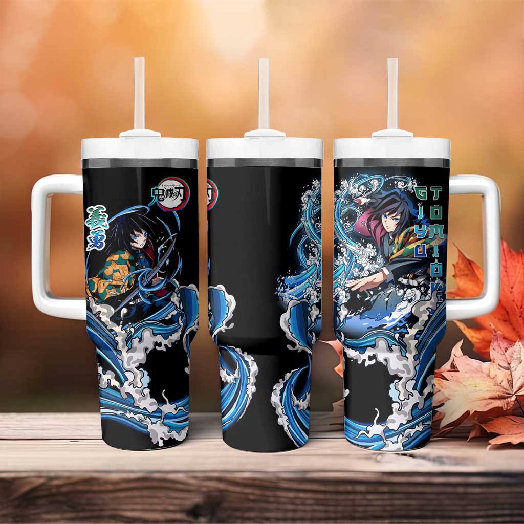 Giyu Tomioka Demon Slayer Tumbler With Handle with Green and Orange Cube Water Style Design - The Mazicc