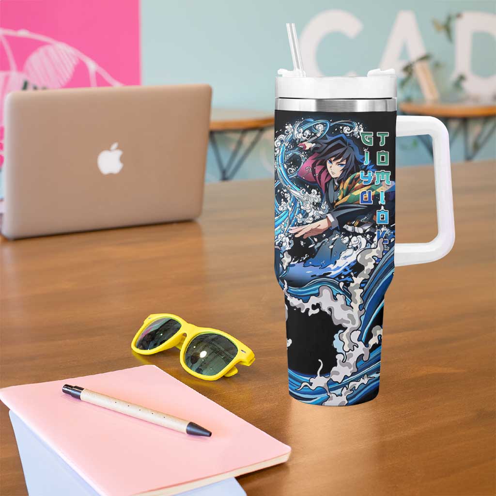 Giyu Tomioka Demon Slayer Tumbler With Handle with Green and Orange Cube Water Style Design - The Mazicc