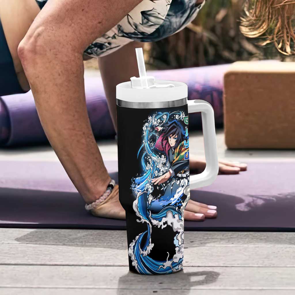 Giyu Tomioka Demon Slayer Tumbler With Handle with Green and Orange Cube Water Style Design - The Mazicc