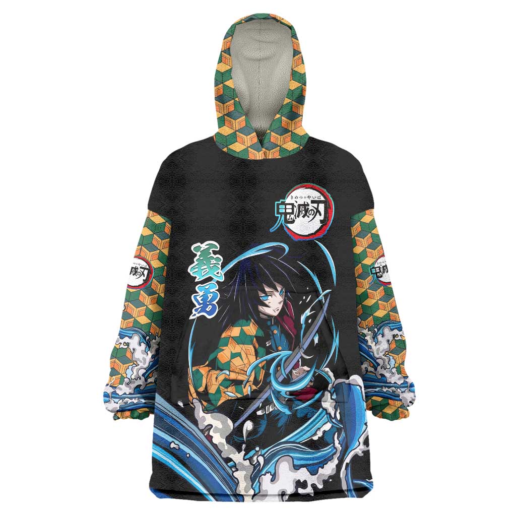 Giyu Tomioka Demon Slayer Wearable Blanket Hoodie with Green and Orange Cube Water Style Design - The Mazicc