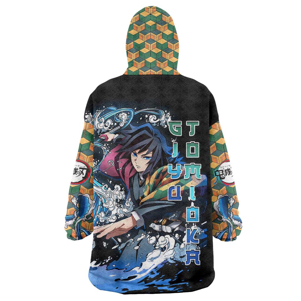 Giyu Tomioka Demon Slayer Wearable Blanket Hoodie with Green and Orange Cube Water Style Design - The Mazicc