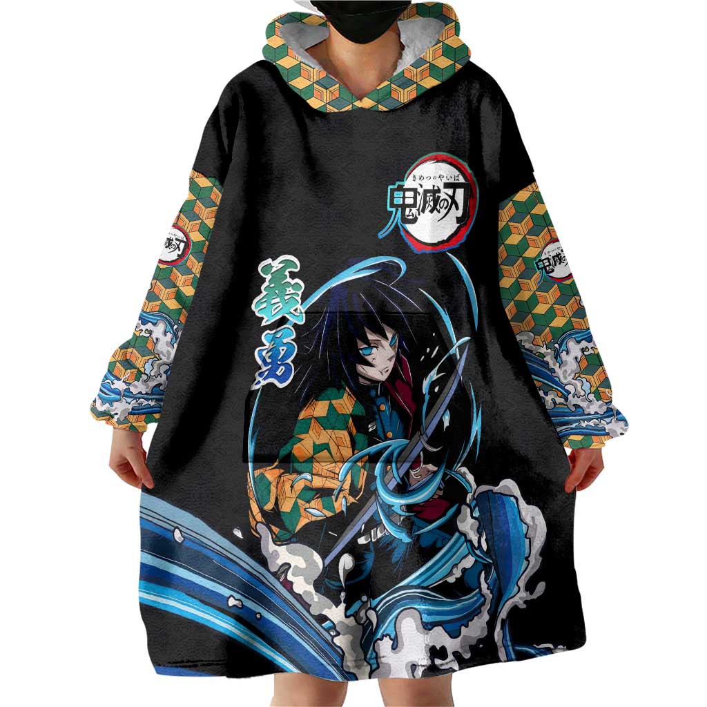 Giyu Tomioka Demon Slayer Wearable Blanket Hoodie with Green and Orange Cube Water Style Design - The Mazicc