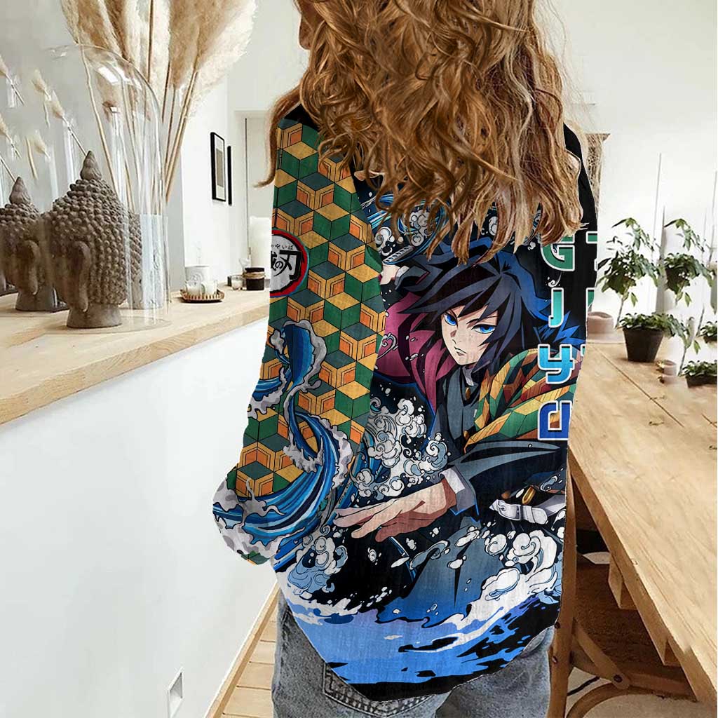 Giyu Tomioka Demon Slayer Women Casual Shirt with Green and Orange Cube Water Style Design - The Mazicc