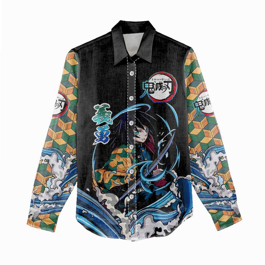 Giyu Tomioka Demon Slayer Women Casual Shirt with Green and Orange Cube Water Style Design - The Mazicc