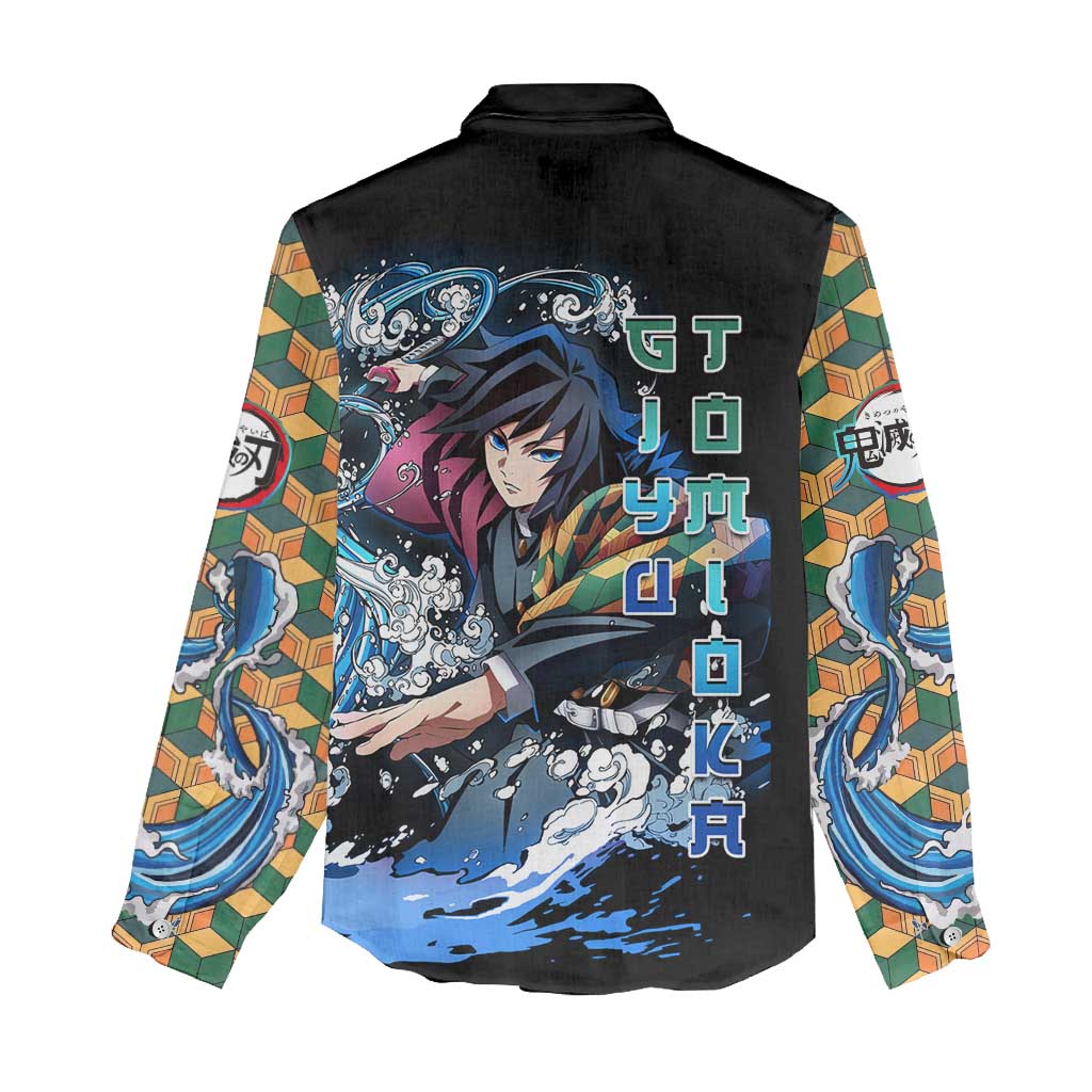 Giyu Tomioka Demon Slayer Women Casual Shirt with Green and Orange Cube Water Style Design - The Mazicc