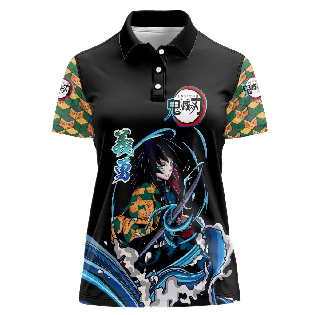 Giyu Tomioka Demon Slayer Women Polo Shirt with Green and Orange Cube Water Style Design - The Mazicc