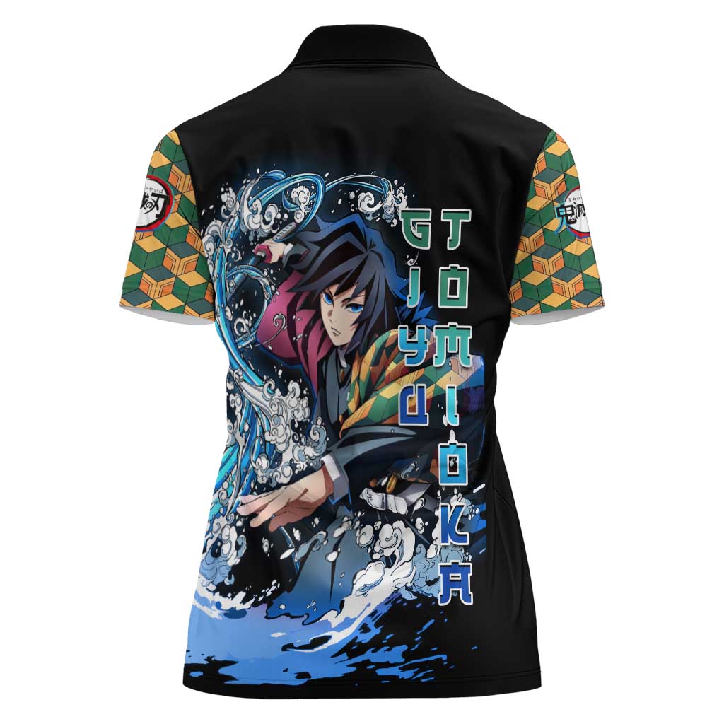 Giyu Tomioka Demon Slayer Women Polo Shirt with Green and Orange Cube Water Style Design - The Mazicc