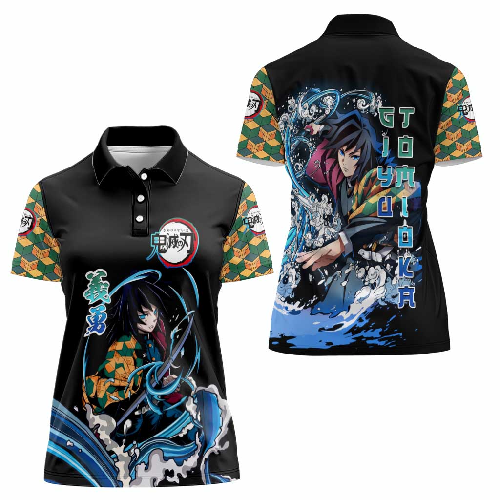 Giyu Tomioka Demon Slayer Women Polo Shirt with Green and Orange Cube Water Style Design - The Mazicc