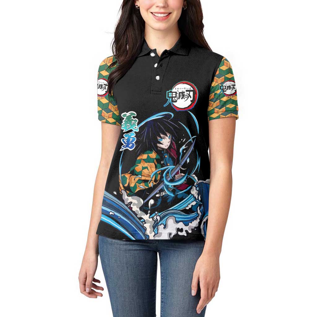 Giyu Tomioka Demon Slayer Women Polo Shirt with Green and Orange Cube Water Style Design - The Mazicc