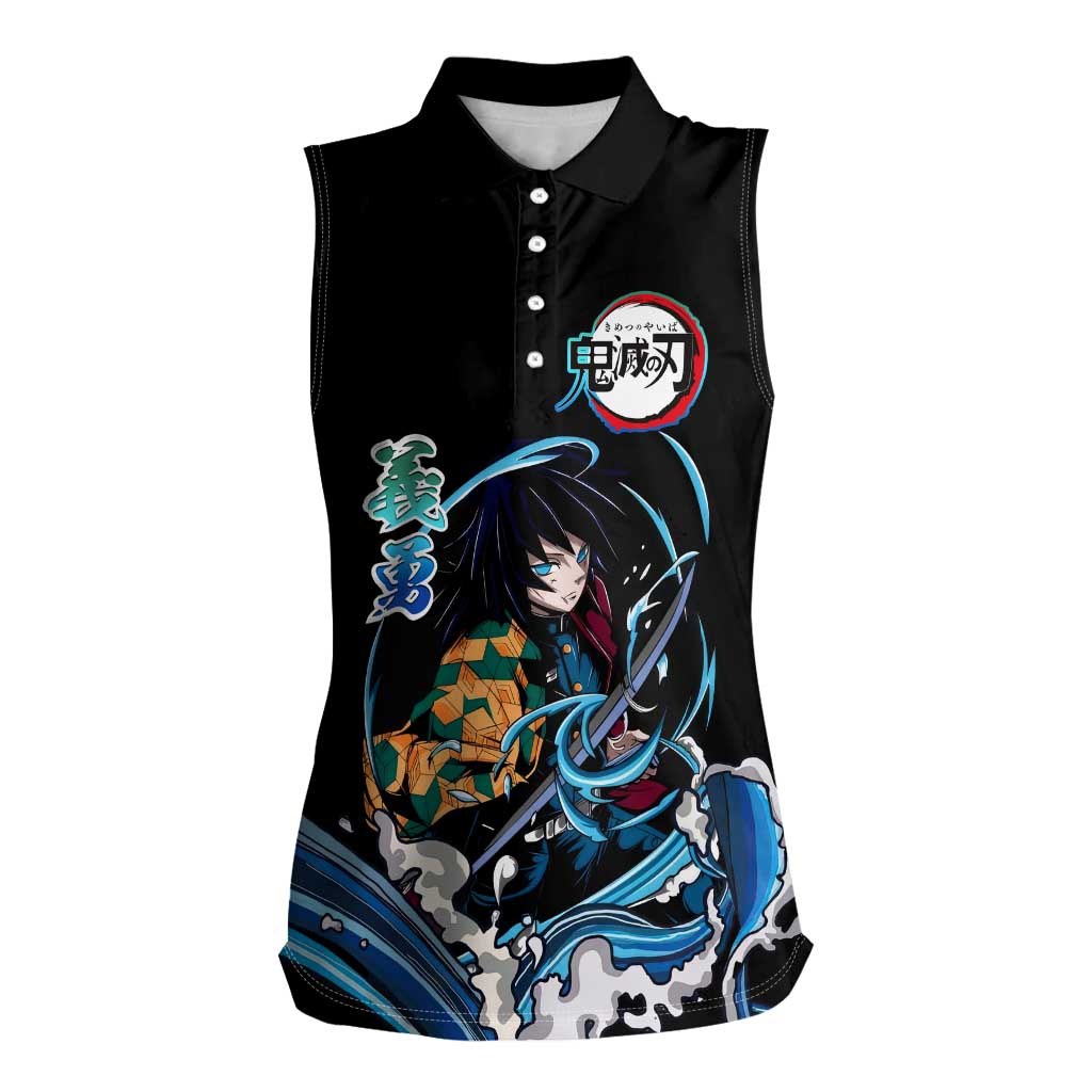 Giyu Tomioka Demon Slayer Women Sleeveless Polo Shirt with Green and Orange Cube Water Style Design - The Mazicc