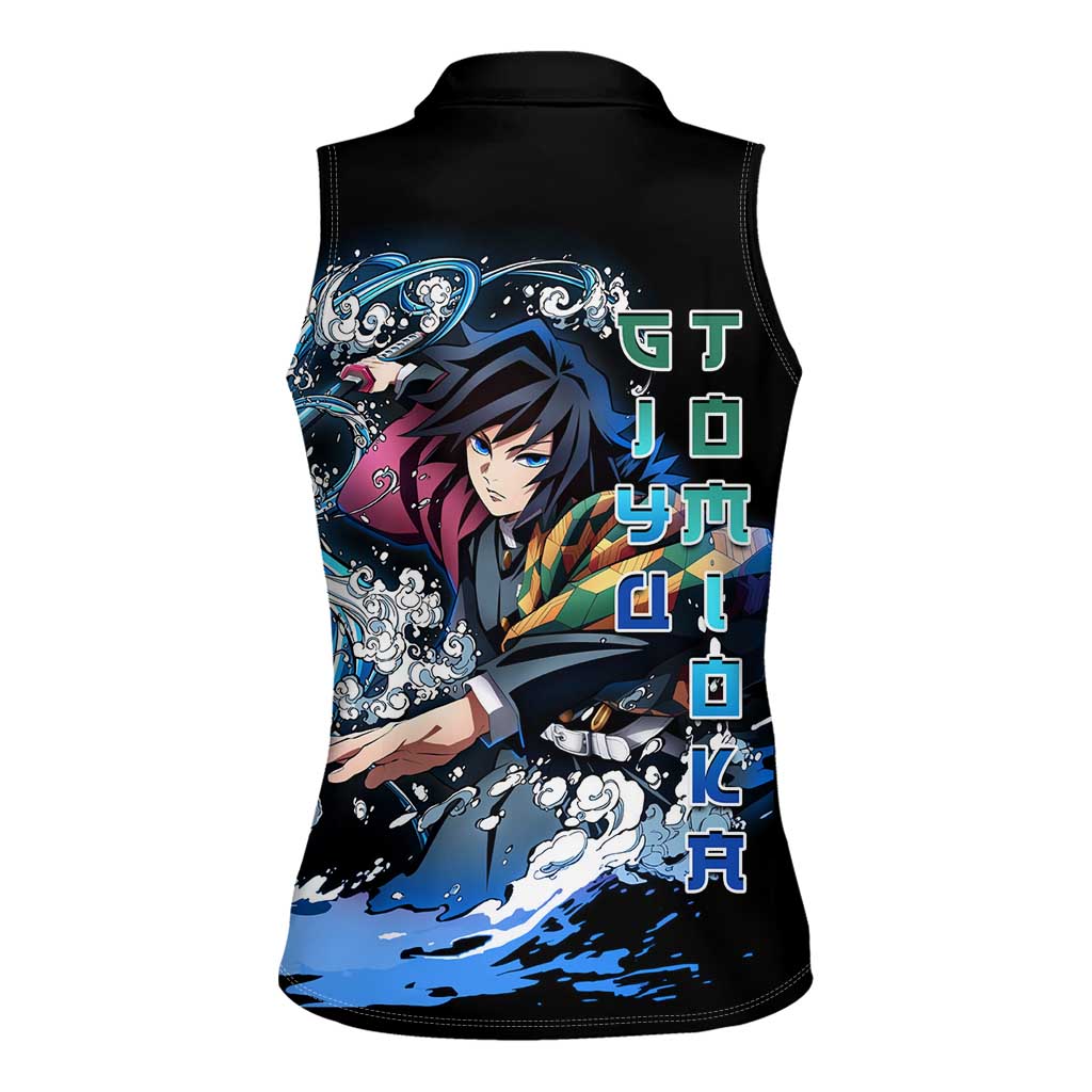 Giyu Tomioka Demon Slayer Women Sleeveless Polo Shirt with Green and Orange Cube Water Style Design - The Mazicc