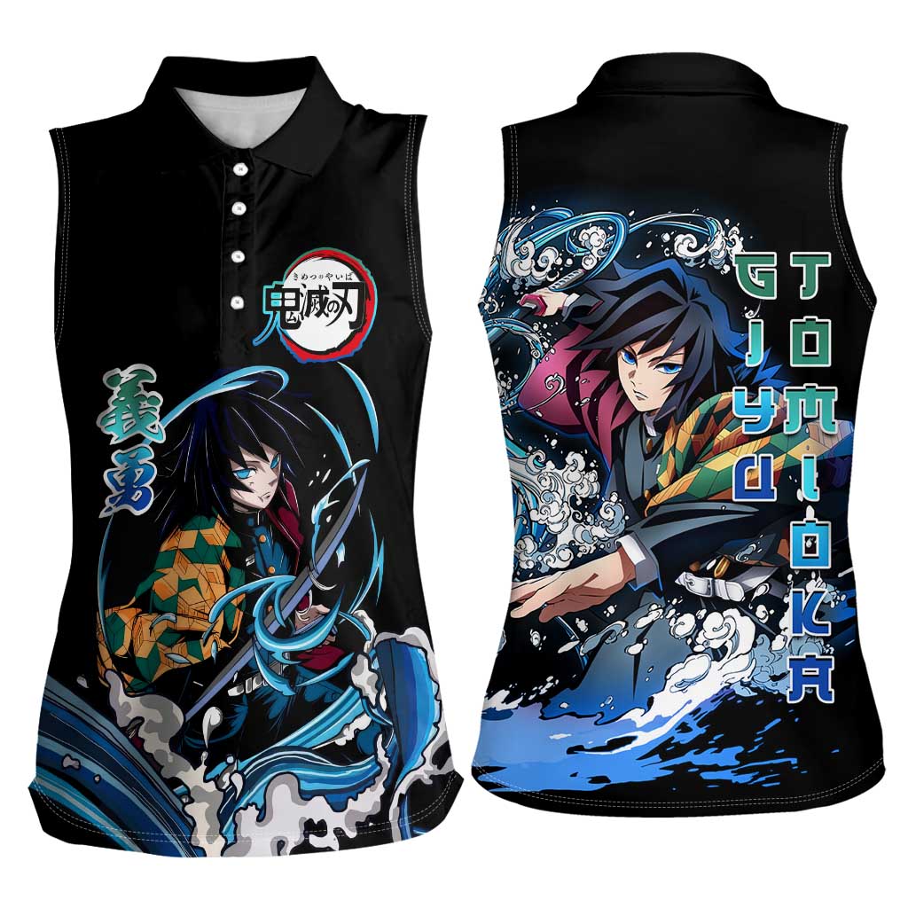 Giyu Tomioka Demon Slayer Women Sleeveless Polo Shirt with Green and Orange Cube Water Style Design - The Mazicc