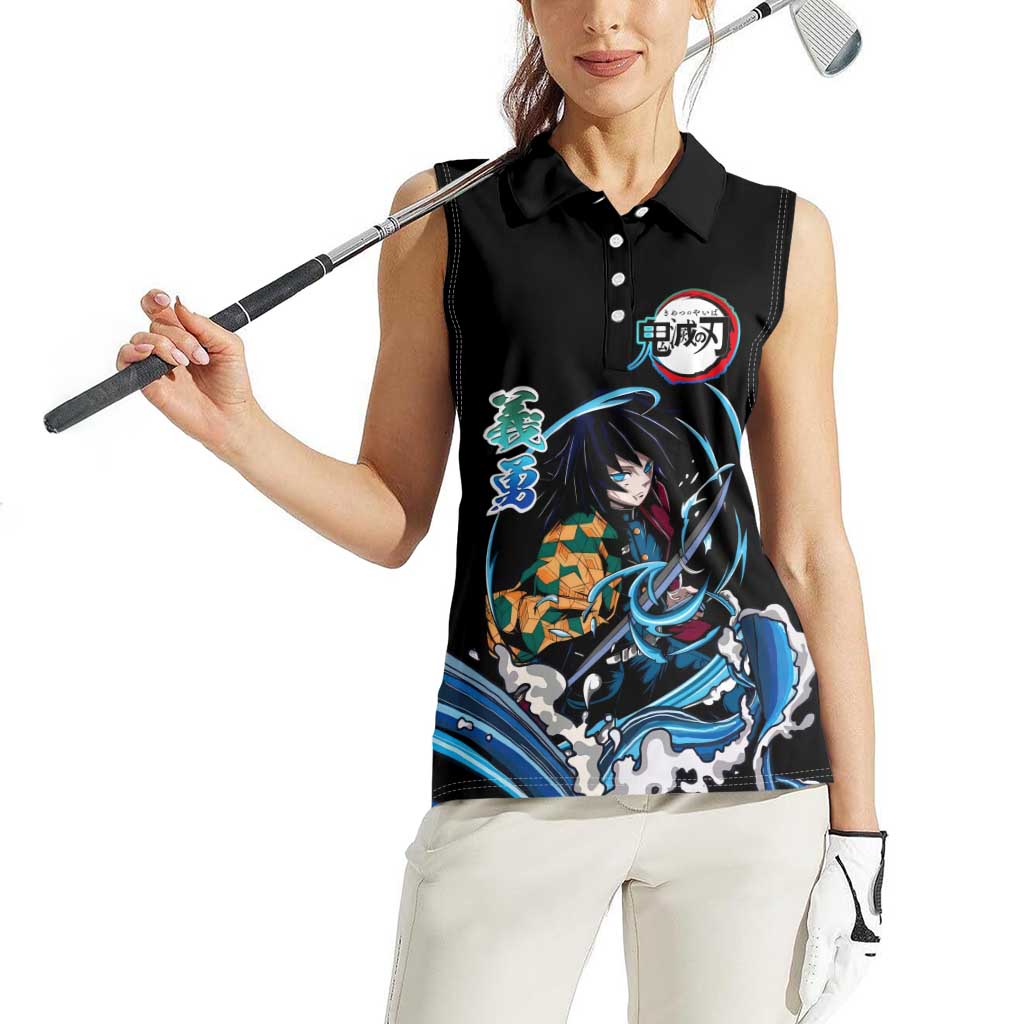 Giyu Tomioka Demon Slayer Women Sleeveless Polo Shirt with Green and Orange Cube Water Style Design - The Mazicc