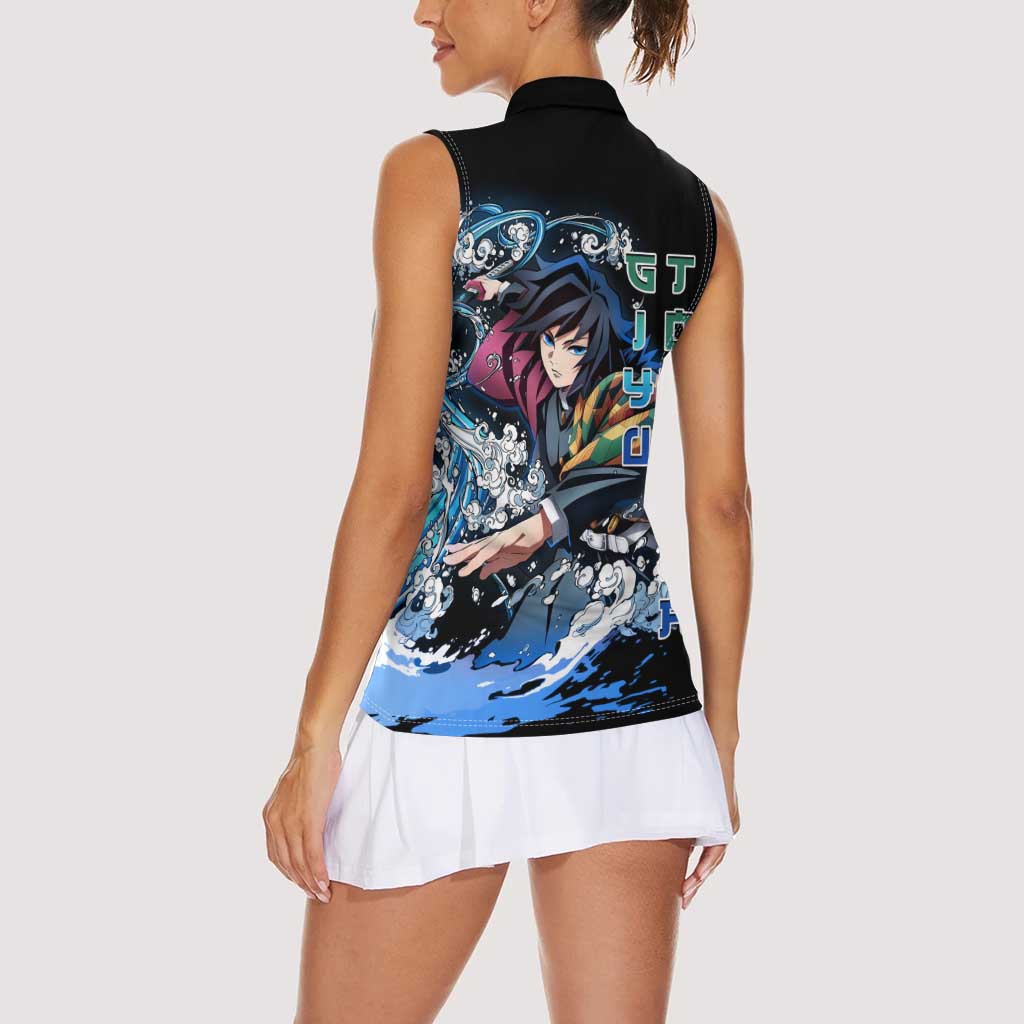Giyu Tomioka Demon Slayer Women Sleeveless Polo Shirt with Green and Orange Cube Water Style Design - The Mazicc