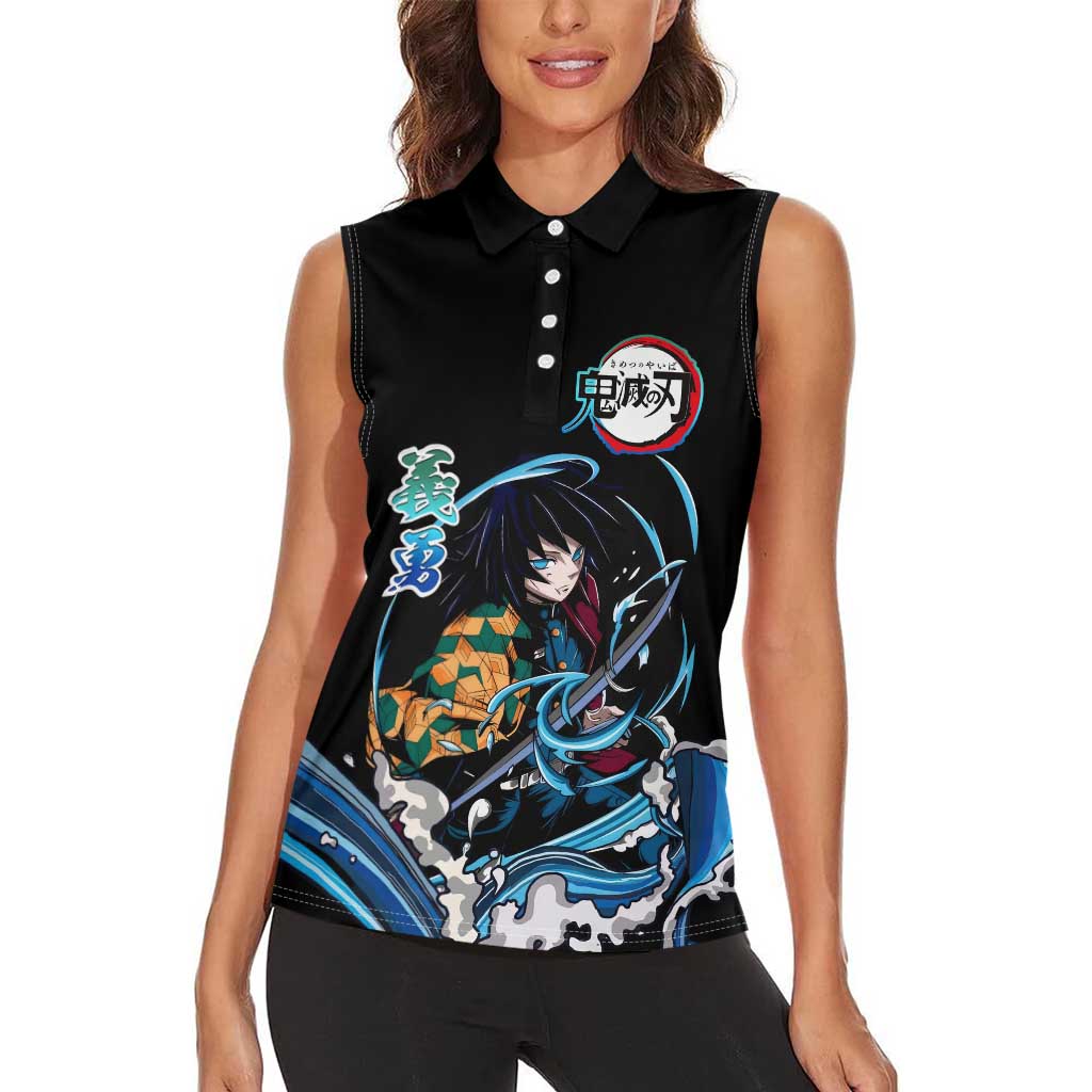 Giyu Tomioka Demon Slayer Women Sleeveless Polo Shirt with Green and Orange Cube Water Style Design - The Mazicc