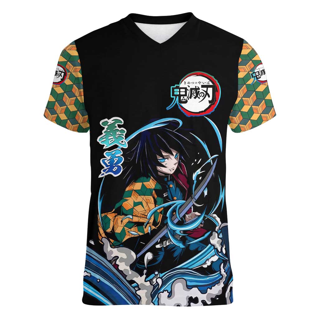 Giyu Tomioka Demon Slayer Women V-Neck T-Shirt with Green and Orange Cube Water Style Design - The Mazicc