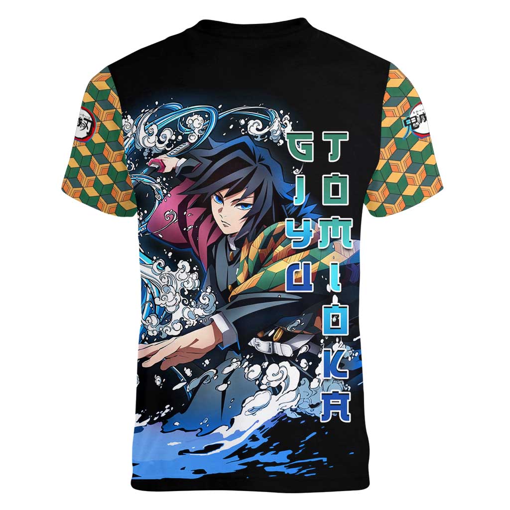 Giyu Tomioka Demon Slayer Women V-Neck T-Shirt with Green and Orange Cube Water Style Design - The Mazicc