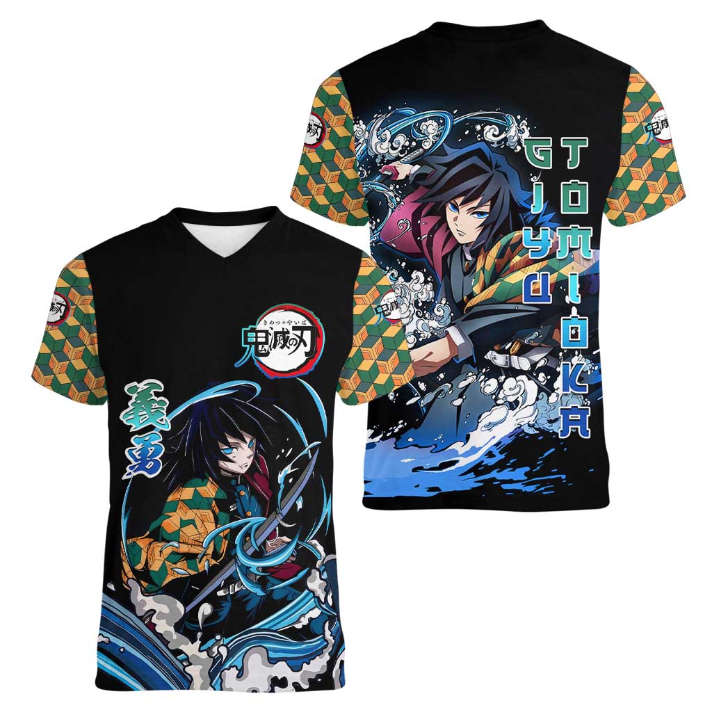 Giyu Tomioka Demon Slayer Women V-Neck T-Shirt with Green and Orange Cube Water Style Design - The Mazicc