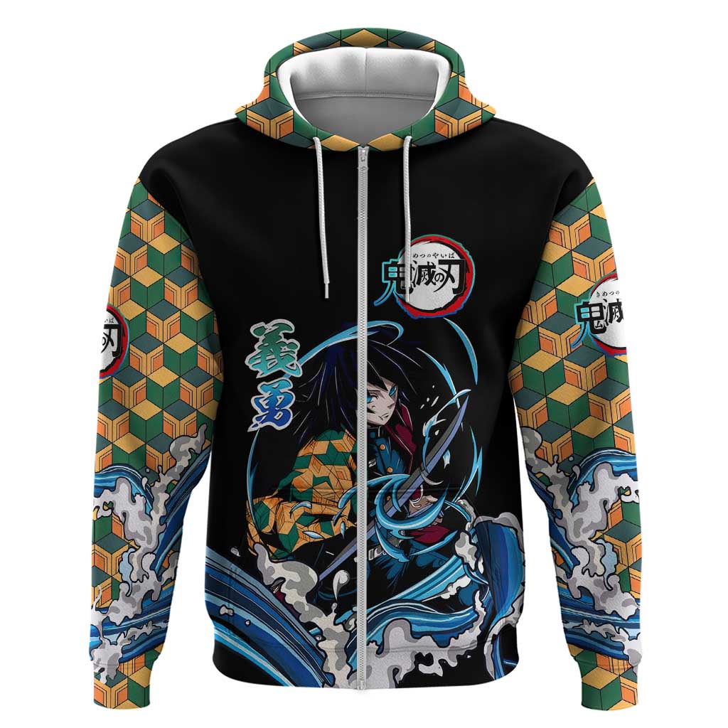 Giyu Tomioka Demon Slayer Zip Hoodie with Green and Orange Cube Water Style Design - The Mazicc