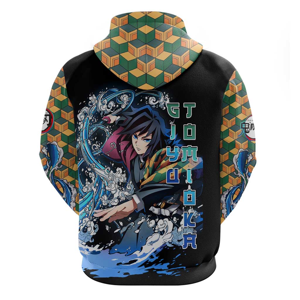Giyu Tomioka Demon Slayer Zip Hoodie with Green and Orange Cube Water Style Design - The Mazicc