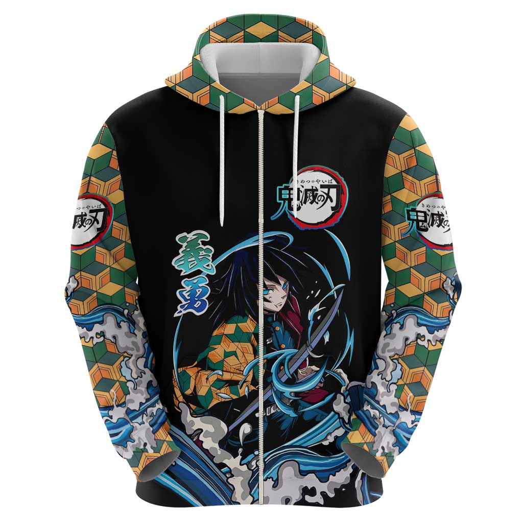 Giyu Tomioka Demon Slayer Zip Hoodie with Green and Orange Cube Water Style Design - The Mazicc