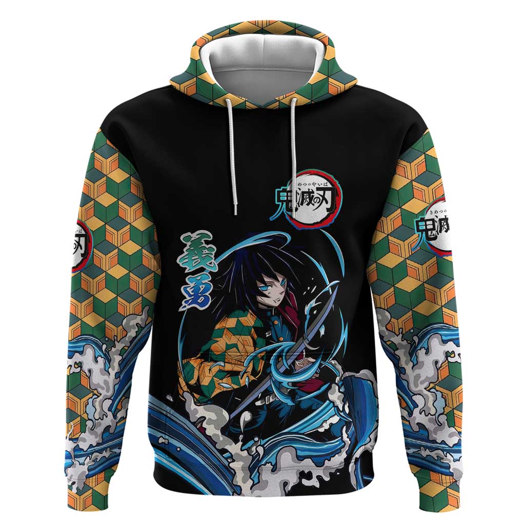 Giyu Tomioka Demon Slayer Zip Hoodie with Green and Orange Cube Water Style Design - The Mazicc