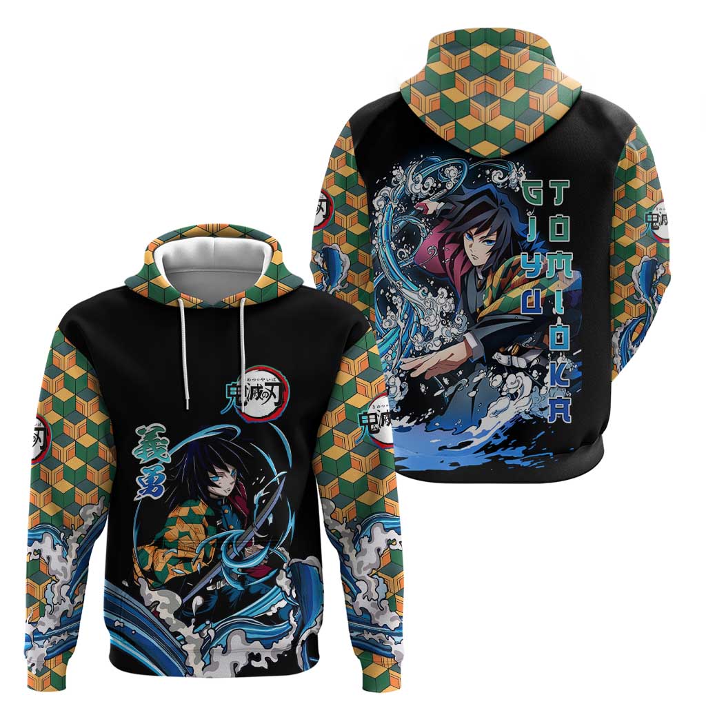 Giyu Tomioka Demon Slayer Zip Hoodie with Green and Orange Cube Water Style Design - The Mazicc