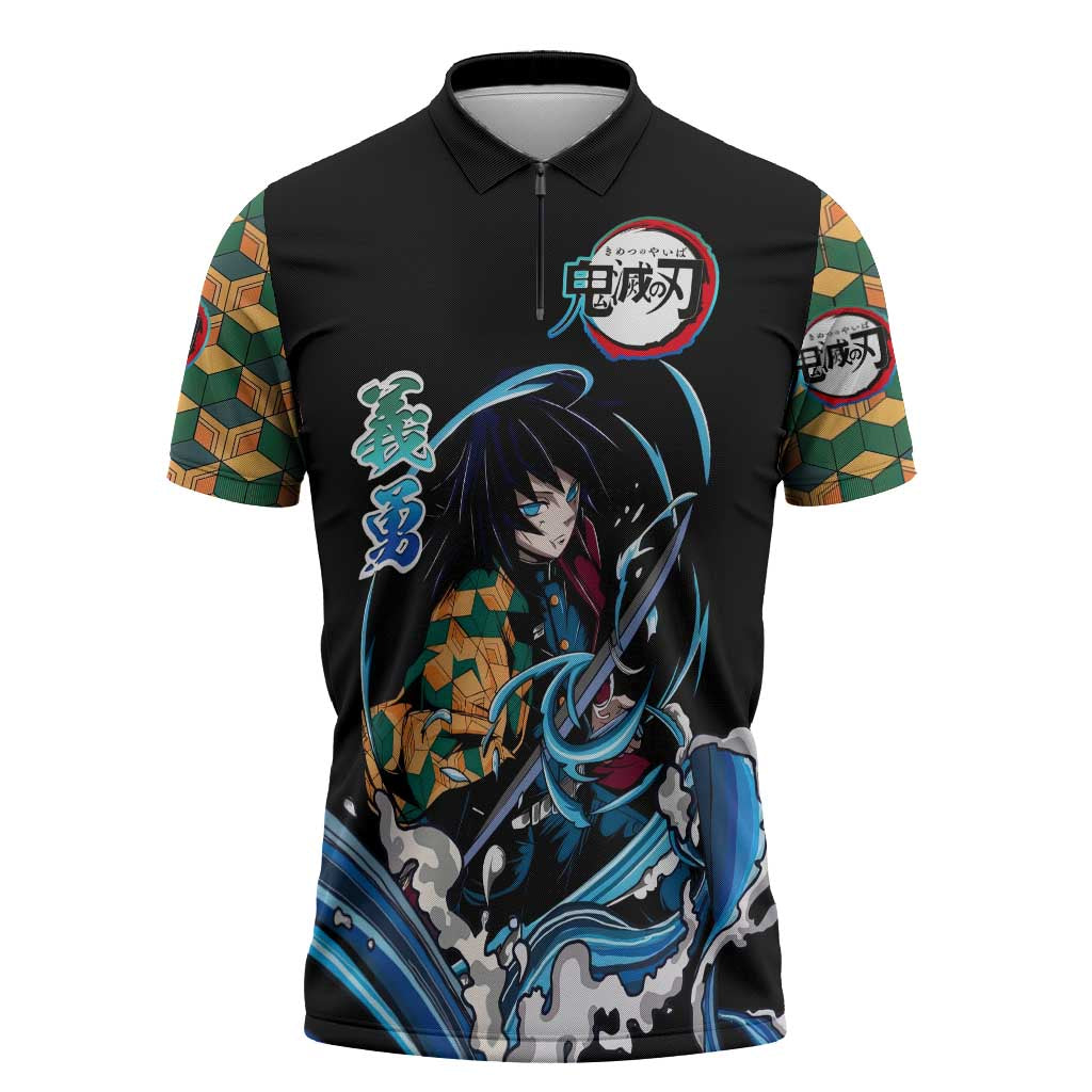 Giyu Tomioka Demon Slayer Zipper Polo Shirt with Green and Orange Cube Water Style Design - The Mazicc