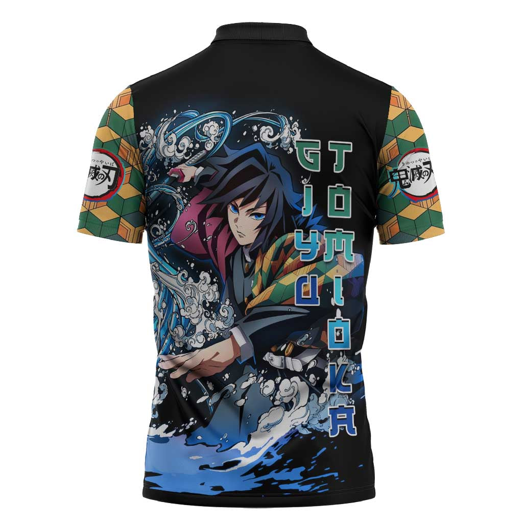 Giyu Tomioka Demon Slayer Zipper Polo Shirt with Green and Orange Cube Water Style Design - The Mazicc
