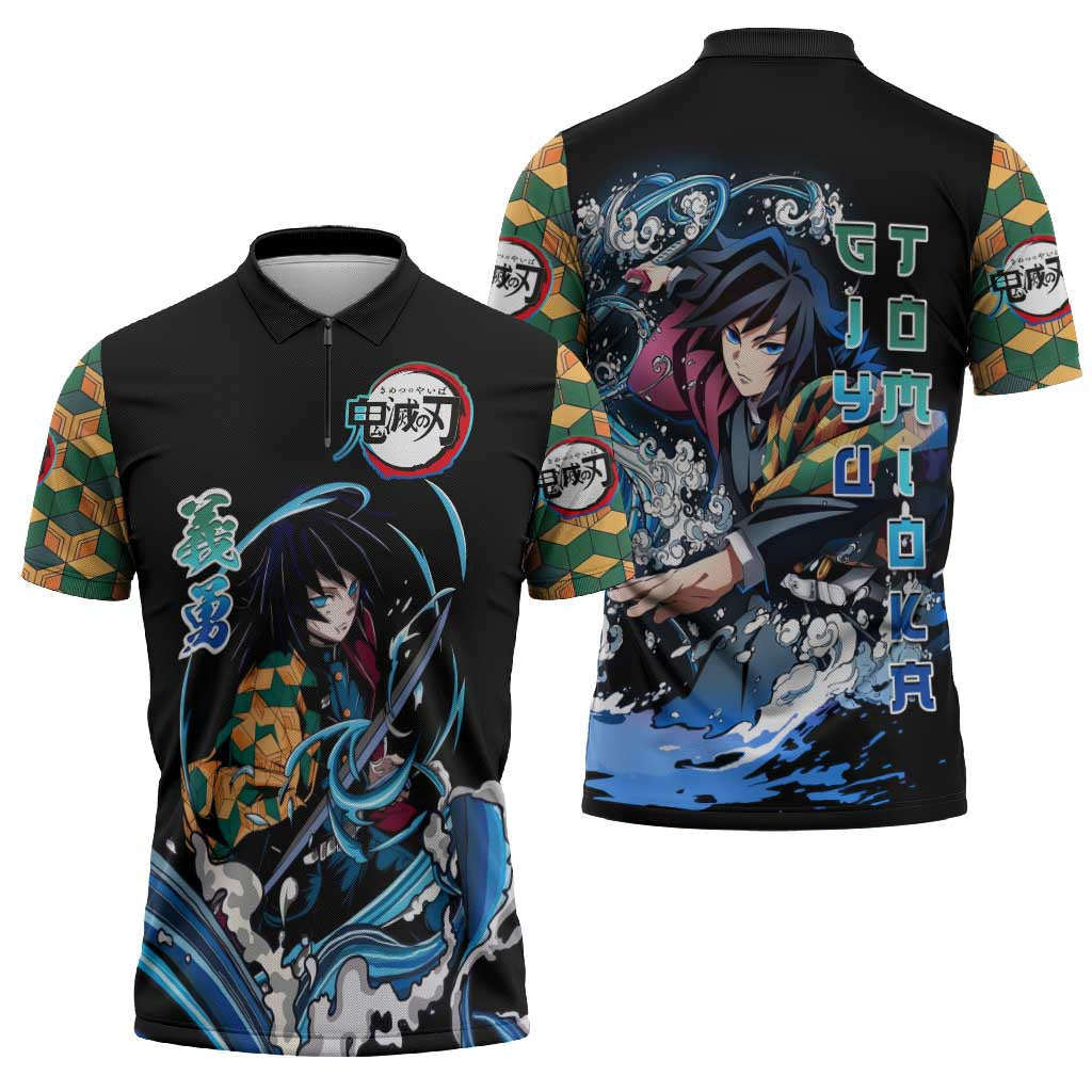 Giyu Tomioka Demon Slayer Zipper Polo Shirt with Green and Orange Cube Water Style Design - The Mazicc
