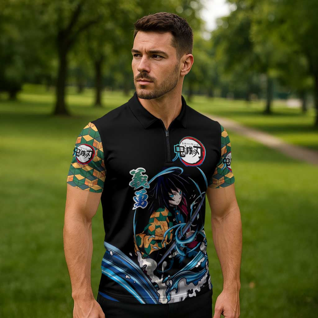 Giyu Tomioka Demon Slayer Zipper Polo Shirt with Green and Orange Cube Water Style Design - The Mazicc