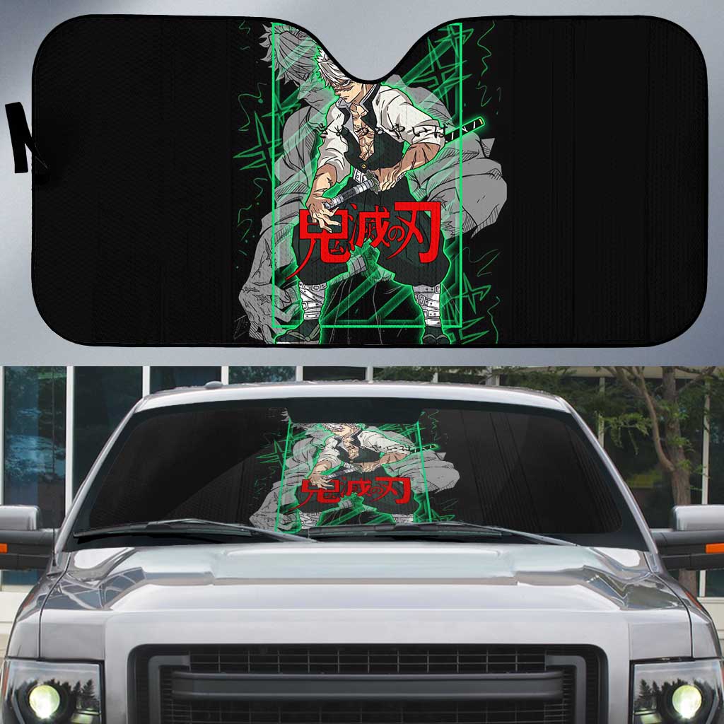 Shinazugawa Sanemi Demon Slayer Auto Sun Shade with Green and Black Grid Style Design - The Mazicc